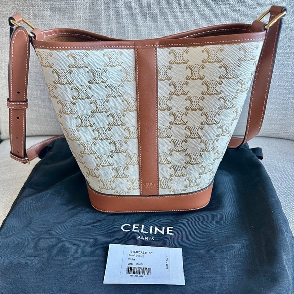 CELINE Triomphe Canvas Bucket Shoulder Bag Winter White - Picture 2 of 9